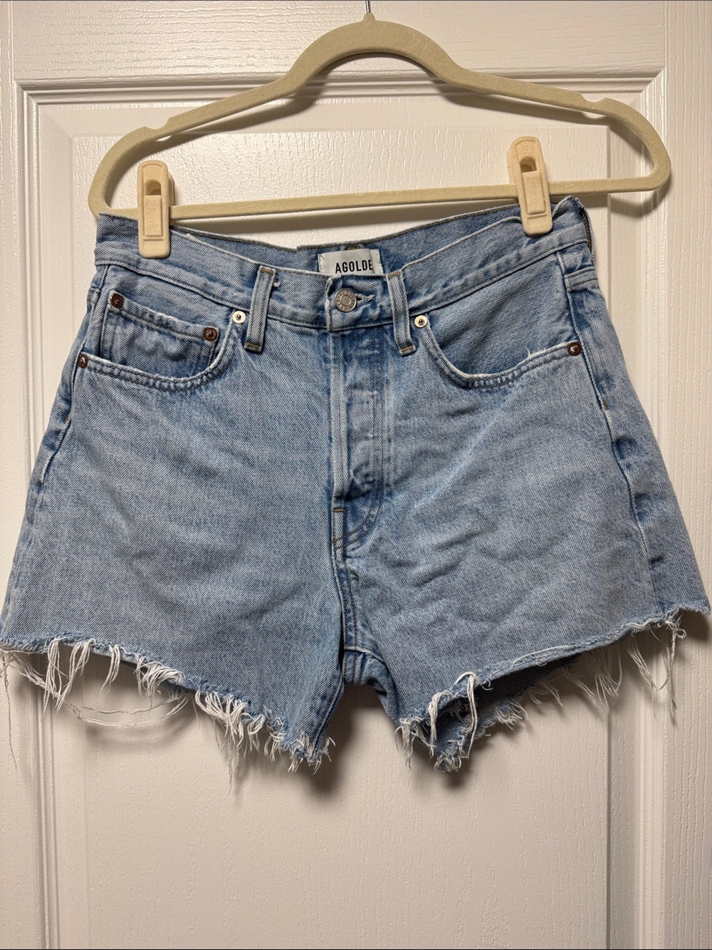 AGOLDE Parker long Light Blue High-Rise Denim Cutoff Shorts 26